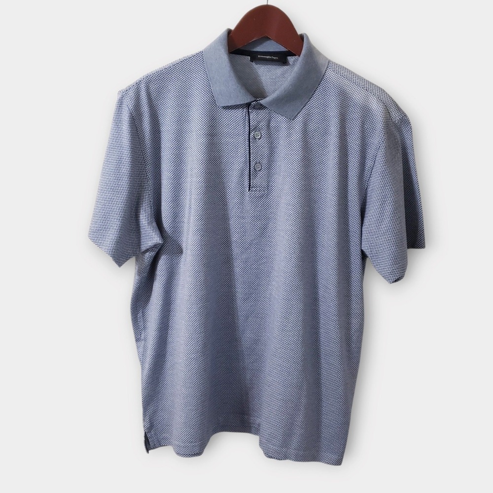 Ermenegildo Zegna Mens Blue Micro Pattern Cotton Short Sleeve Polo Shirt Size L